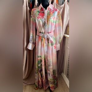 Dalia Macphee  NWT Vintage Style Floral Pastel Maxi Dress W/ Belt